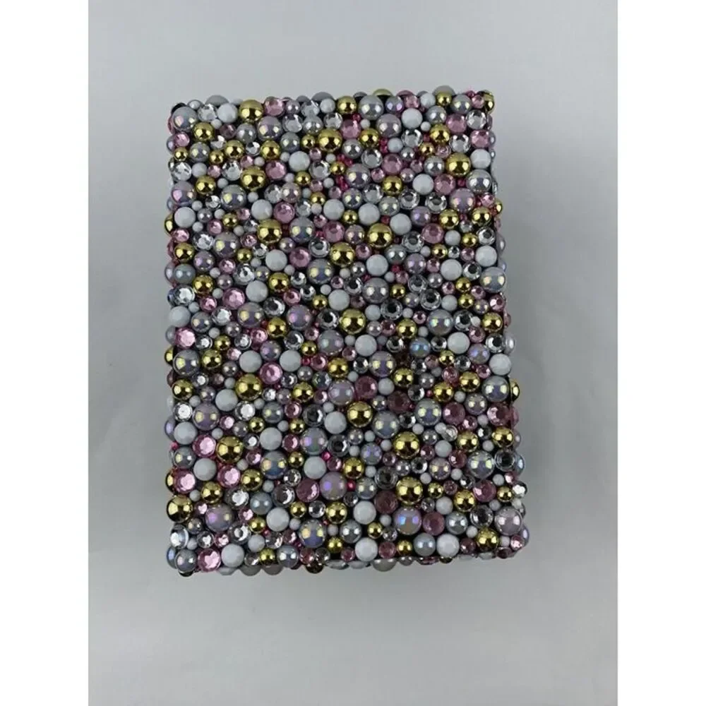 Handmade Keepsake Trinket Box Beaded Rhinestones Embellished & Lid